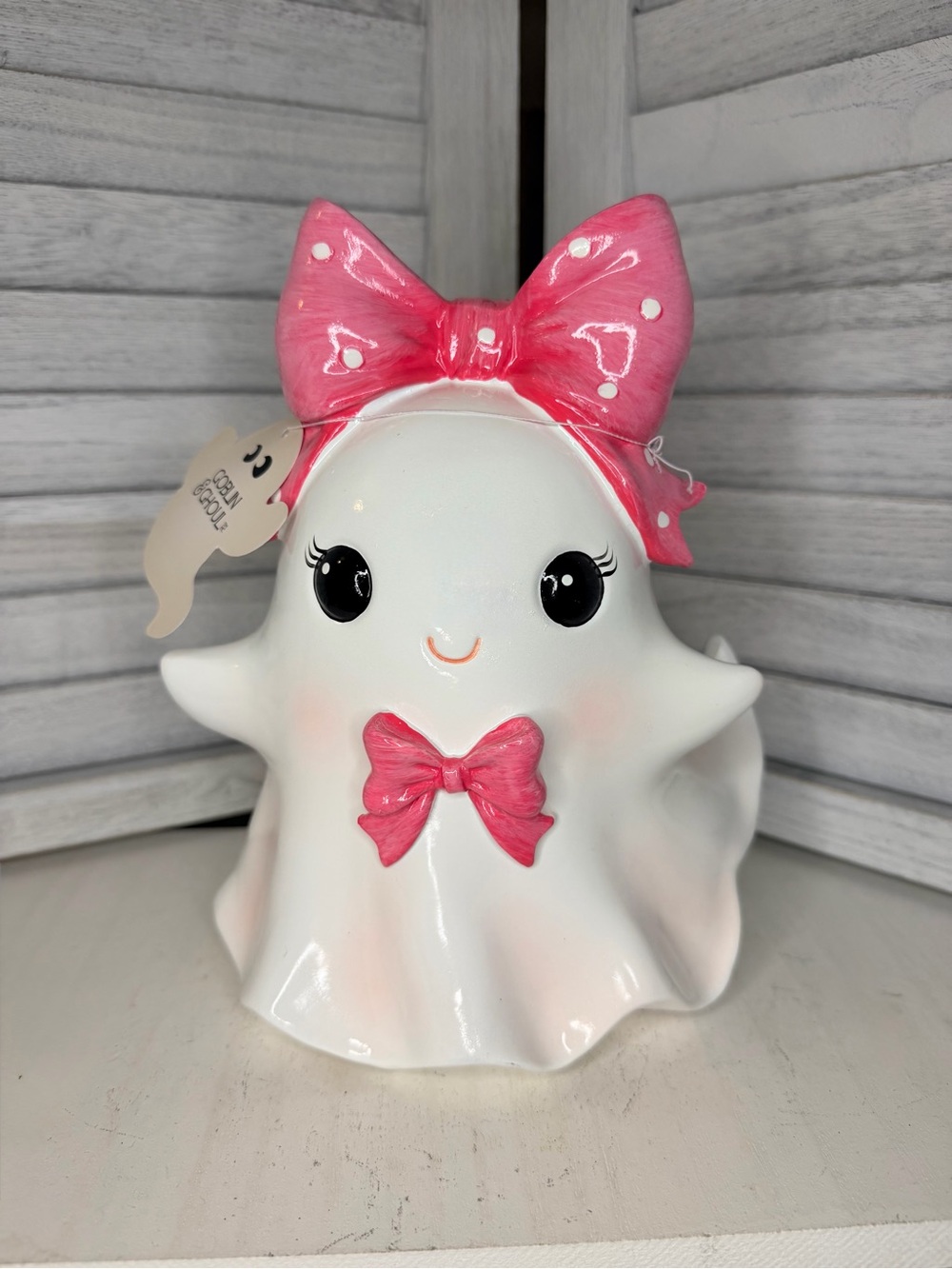 Cute White Ceramic Ghost Figurine with Pink Bows Halloween